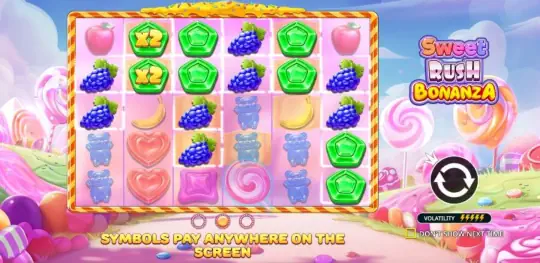 Sweet Rush Bonanza gameplay — 6x5 raster met snoepjes, gummiberen en scatter symbolen